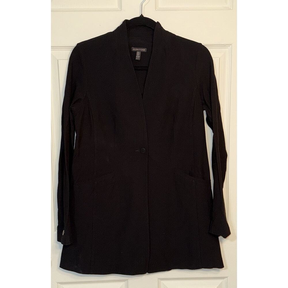 Eileen Fisher Knit Stand Collar Black One Button Blazer Jacket Cardigan Size‎ XS